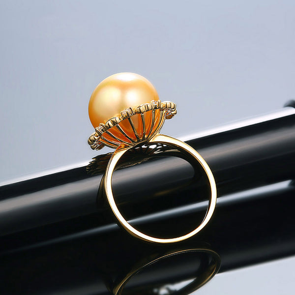 18K Yellow Gold 12.0-12.5mm Golden South Sea Pearl Ring in AAAA Quality  YongStrio 4509SG