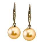 18K Yelllow Gold with Diamond 10-11mm Golden South Sea Pearl Earrings in AAAA Quality YongStrio 3016SG