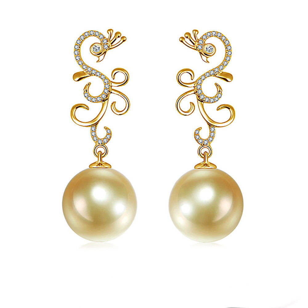 18K Yellow Gold 11.5-12mm Golden South Sea Pearl Earrings in AAAA Quality  Made to Order YongStrio 3533SG