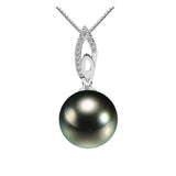 18K White Gold with Diamond 13.0-13.5mm Tahiti Black Pearl Pendant in AAA Quality YongStrio 2518TB